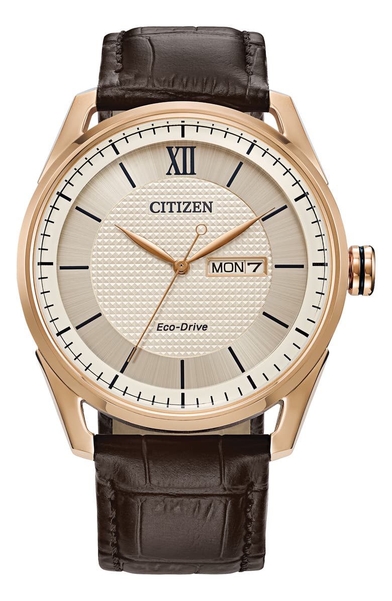 Citizen Classic Leather Strap Watch, 42mm, Main, color, Brown