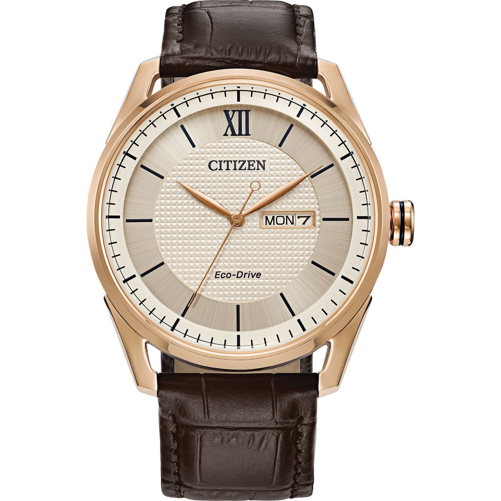 Citizen Sport Luxury Mens Brown Stainless Steel Leather Strap Watch Aw0082-01a In Gold