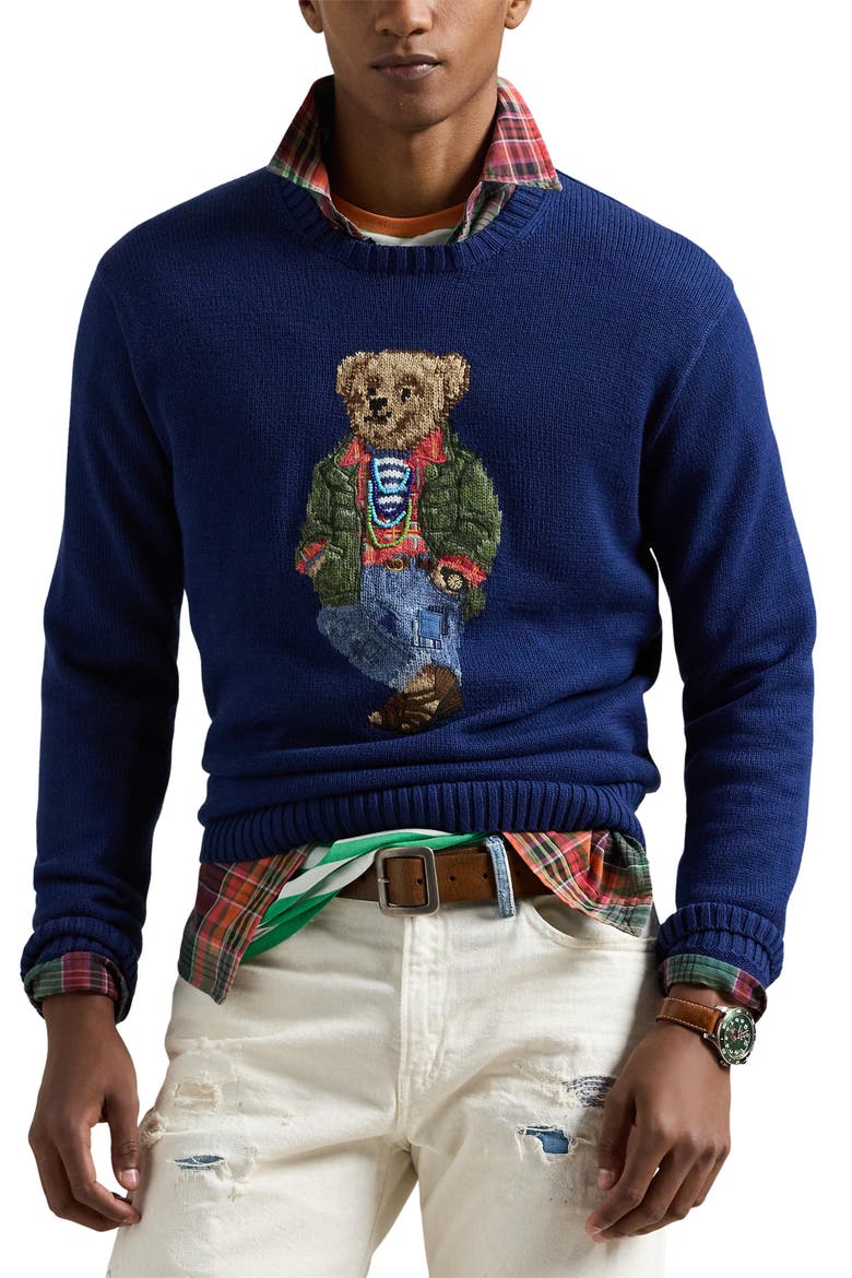 Polo Bear Intarsia Cotton Crewneck Sweater, Main, color, FRESHWATER TAHITI BEAR