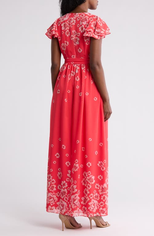 ELIZA J ELIZA J FLORAL FLUTTER SLEEVE FAUX WRAP MAXI DRESS