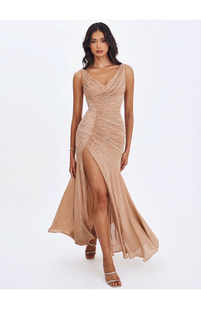Miss Circle Viveca Crystal-Embellished Asymmetrical Ruched Maxi Dress, Alternate, color, Apricot