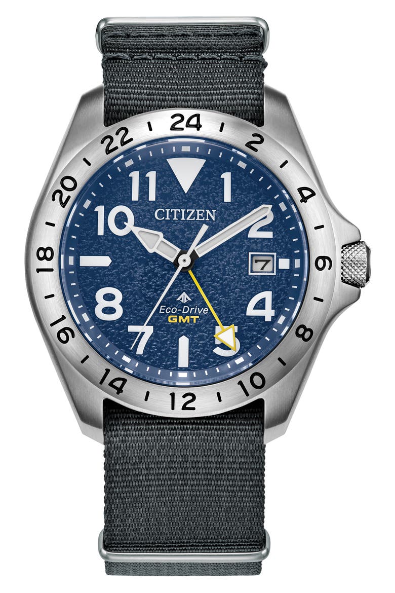 Promaster Land GMT Eco-Drive Nylon Strap Watch, 39.5mm, Main, color, SILVER/ NAVY