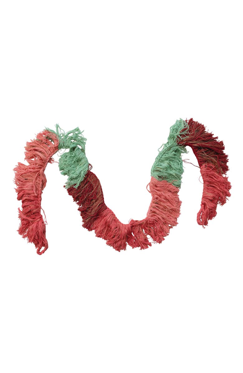 Storied Home Hand-Woven Cotton Fringe Holiday Garland with Metallic Gold Thread, Multicolor, Main, color, Pink