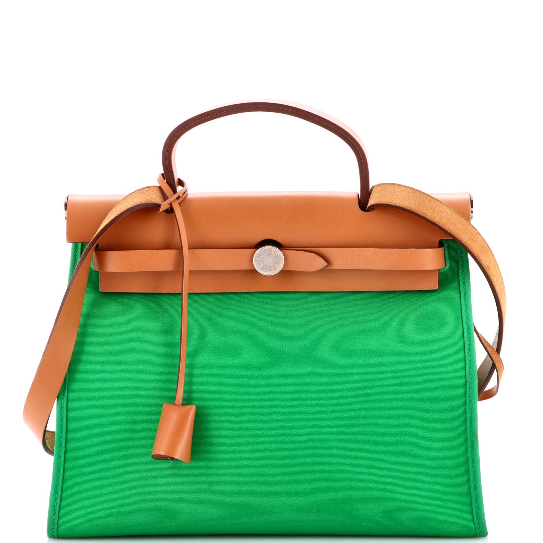 Pre-Owned Hermes Herbag Zip Leather and Toile 31, Main, color, Green