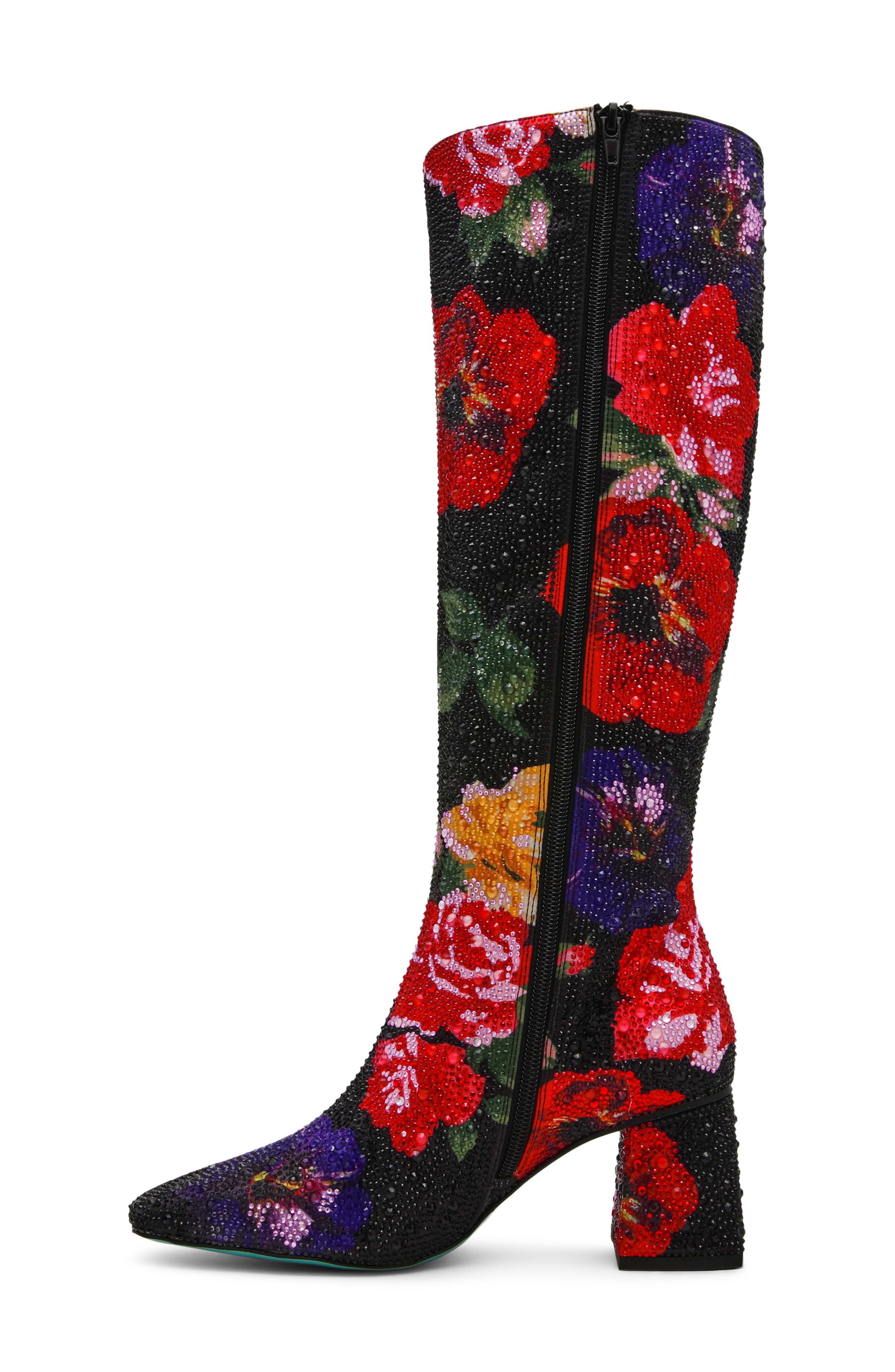 Betsey Johnson Avon Rhinestone Flower Knee High Boot, Alternate, color, Black Flower Multi
