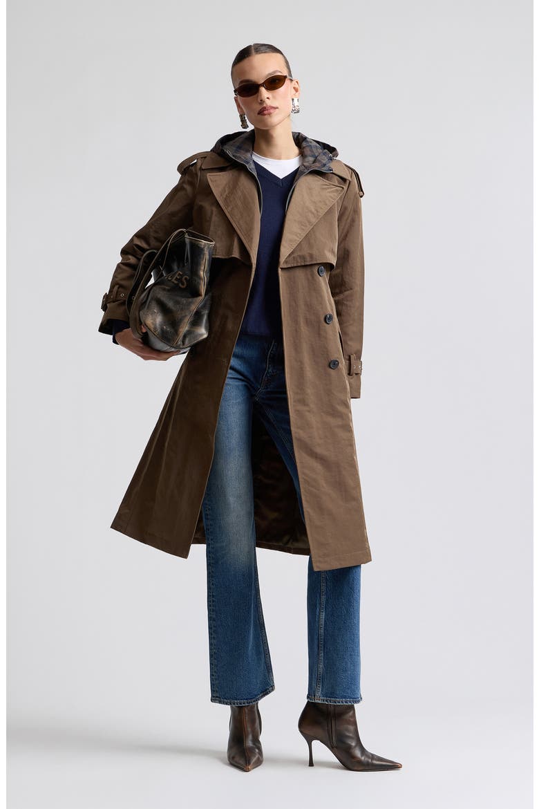 Crinkled Nylon Trench Coat with Hooded Bib Inset, Alternate, color, MOSS PLAID