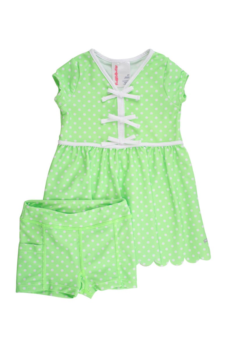 RuffleButts UPF50+ Active Short Sleeve Bow Dress 
Bike Short Set, Main, color, Neon Honeydew Polka Dot