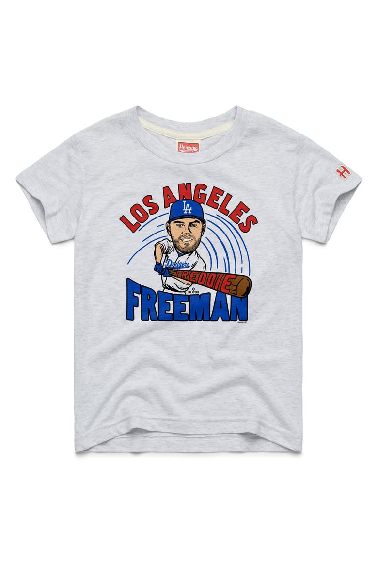 Youth Homage Freddie Freeman Ash Los Angeles Dodgers Caricature Tri-Blend T-Shirt, Main, color, Ash