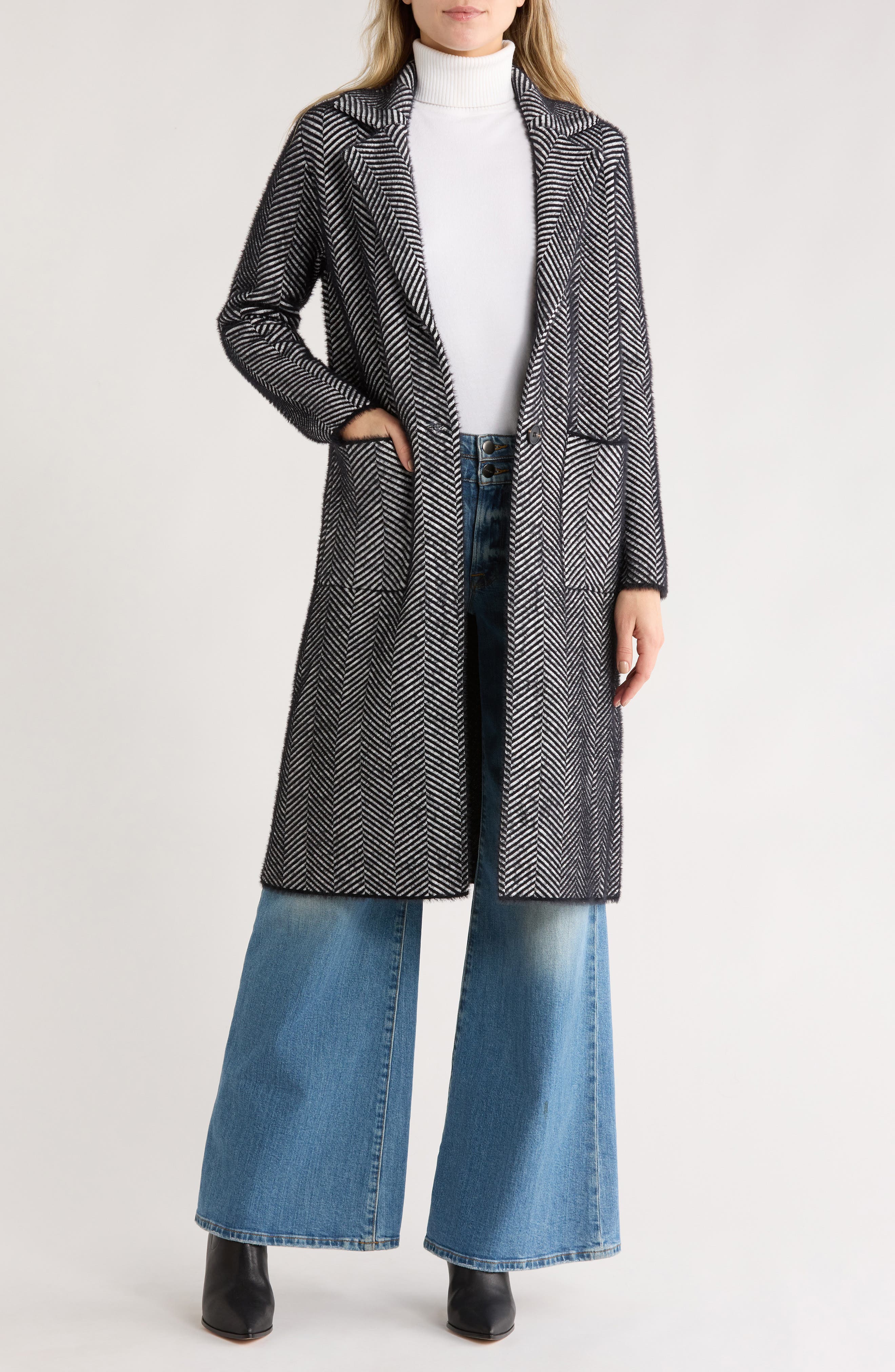 Love Token Herringbone Print Longline Coat