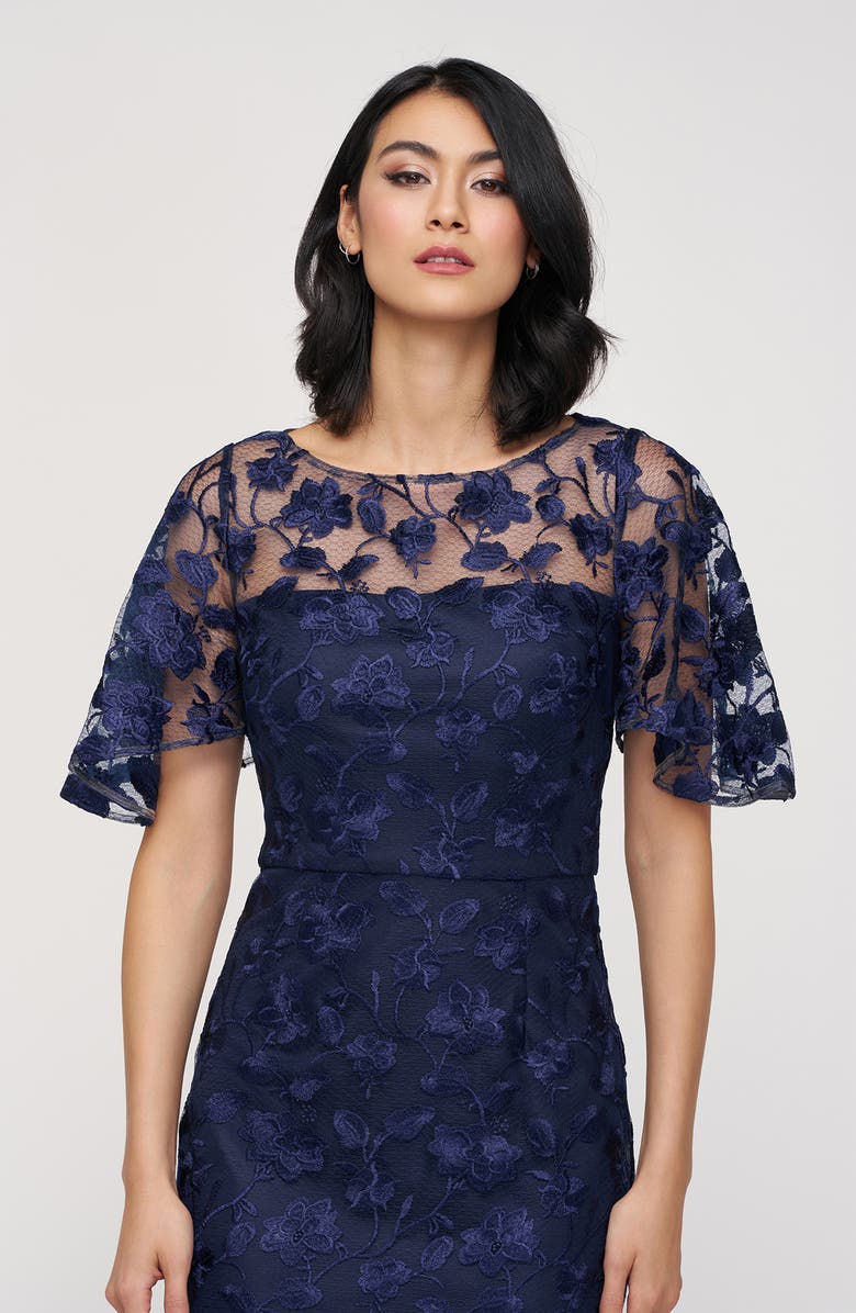 JS Collections Brooke Floral Embroidered Column Gown, Alternate, color, Navy