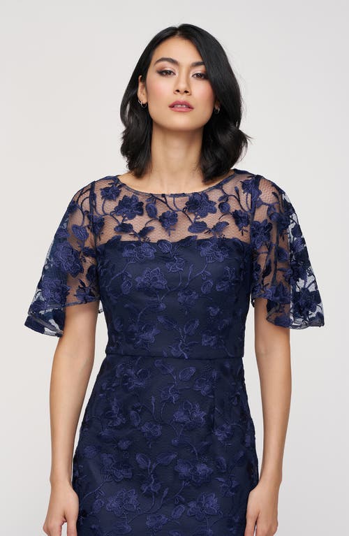 Js Collections Brooke Floral Embroidered Column Gown In Navy