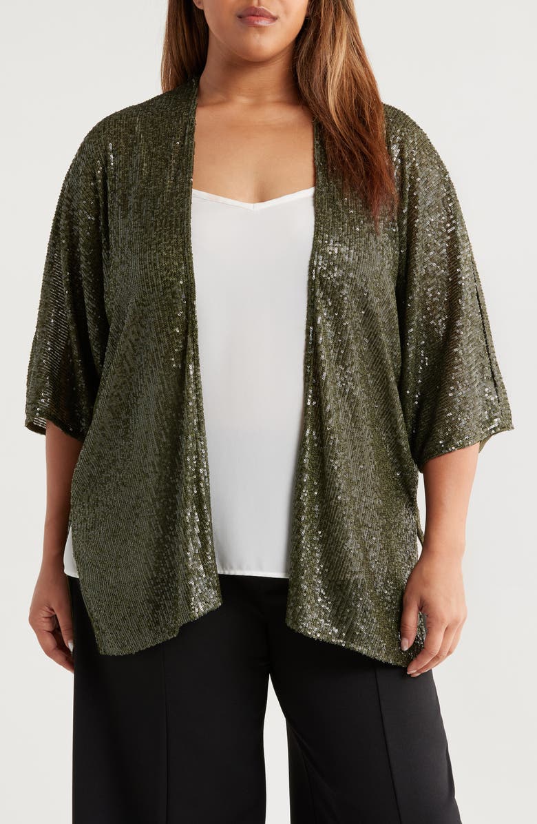 Anne Klein Sequin Draped Open Front Cardigan, Main, color, 