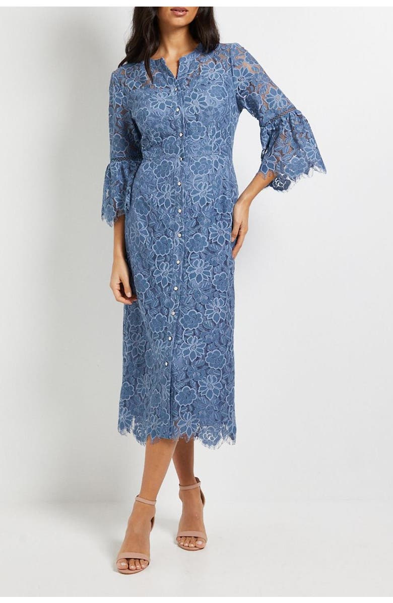 Wallis Lace Button Flute Sleeve Midi Dress, Alternate, color, Blue