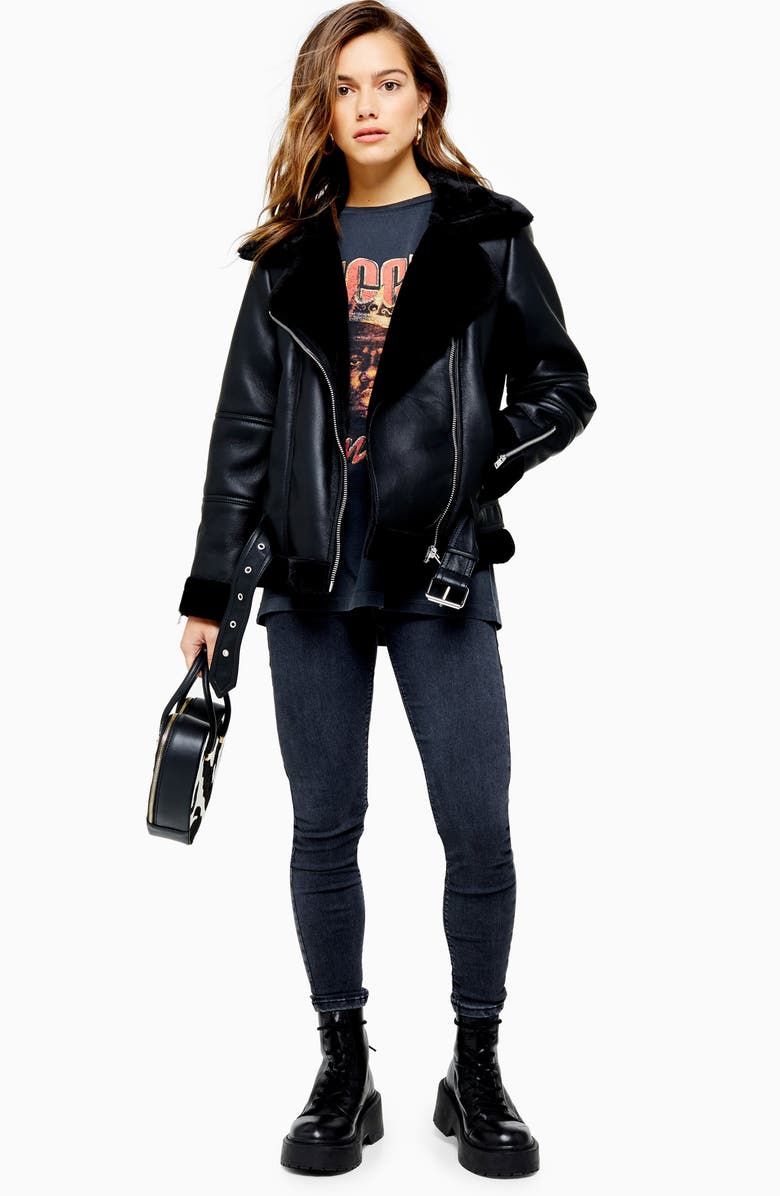 Topshop Cora Faux Shearling Biker Jacket, Alternate, color, 