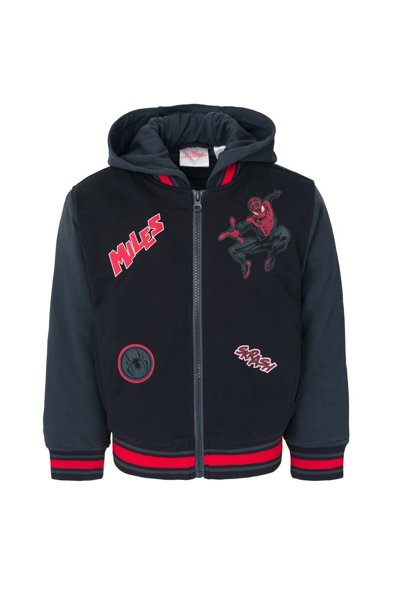 Spider-Man Varsity Hooded Bomber Jacket, Main, color, Black Miles Morales