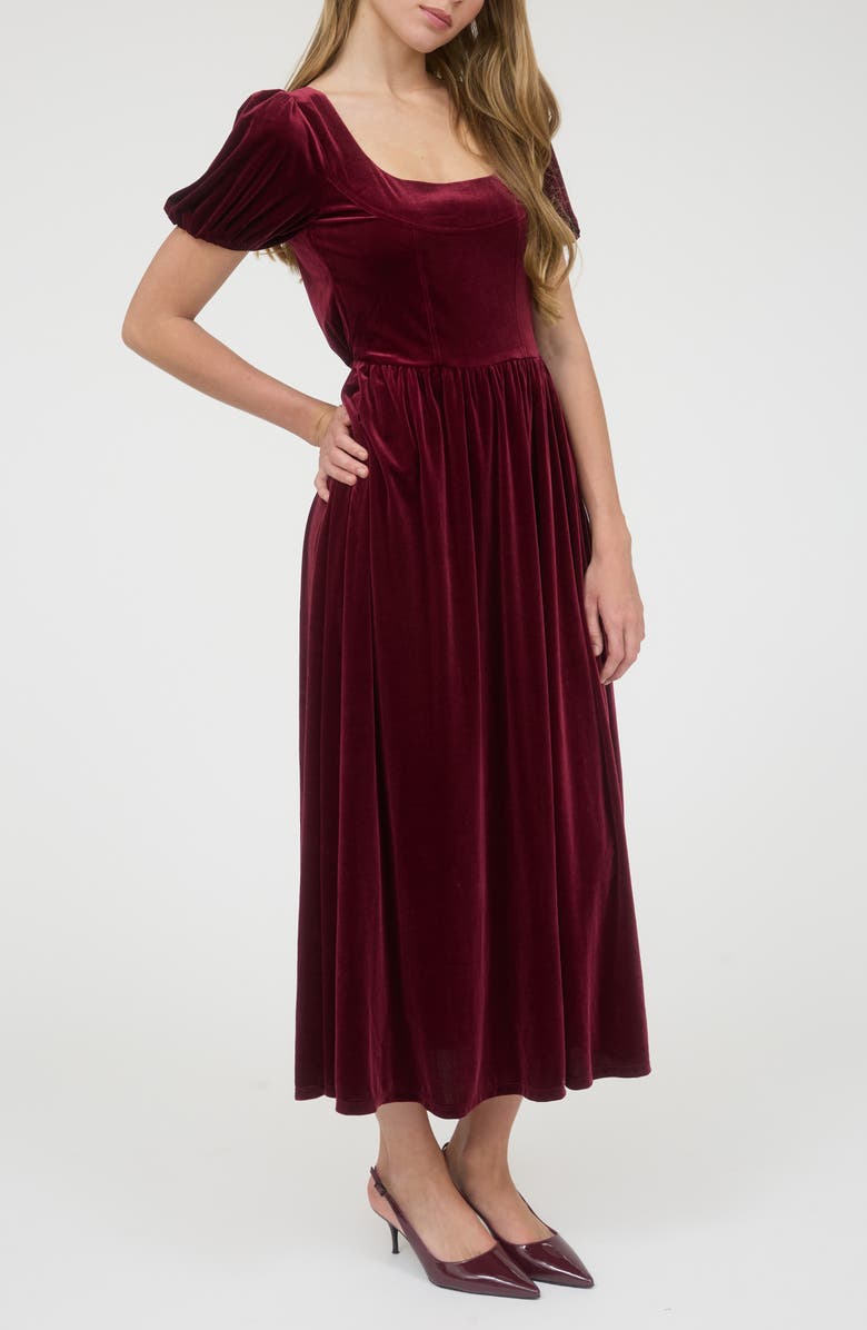 AUGUST SKY Puff Sleeve Velvet Fit & Flare Midi Dress, Alternate, color, Burgundy