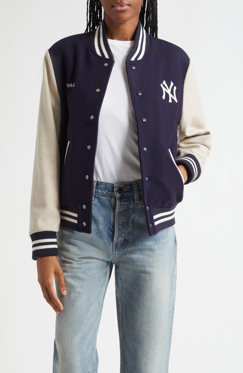 Sporty & Rich Homerun New York Yankees Wool Varsity Jacket, Main, color, Dark Navy/ Cream