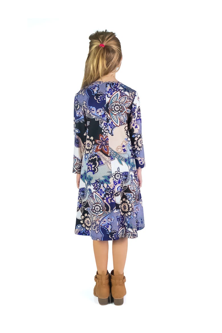 Blue Paisley Long Sleeve Loose Fit Knee Length Tunic Pocket Dress, Alternate, color, Blue Multi