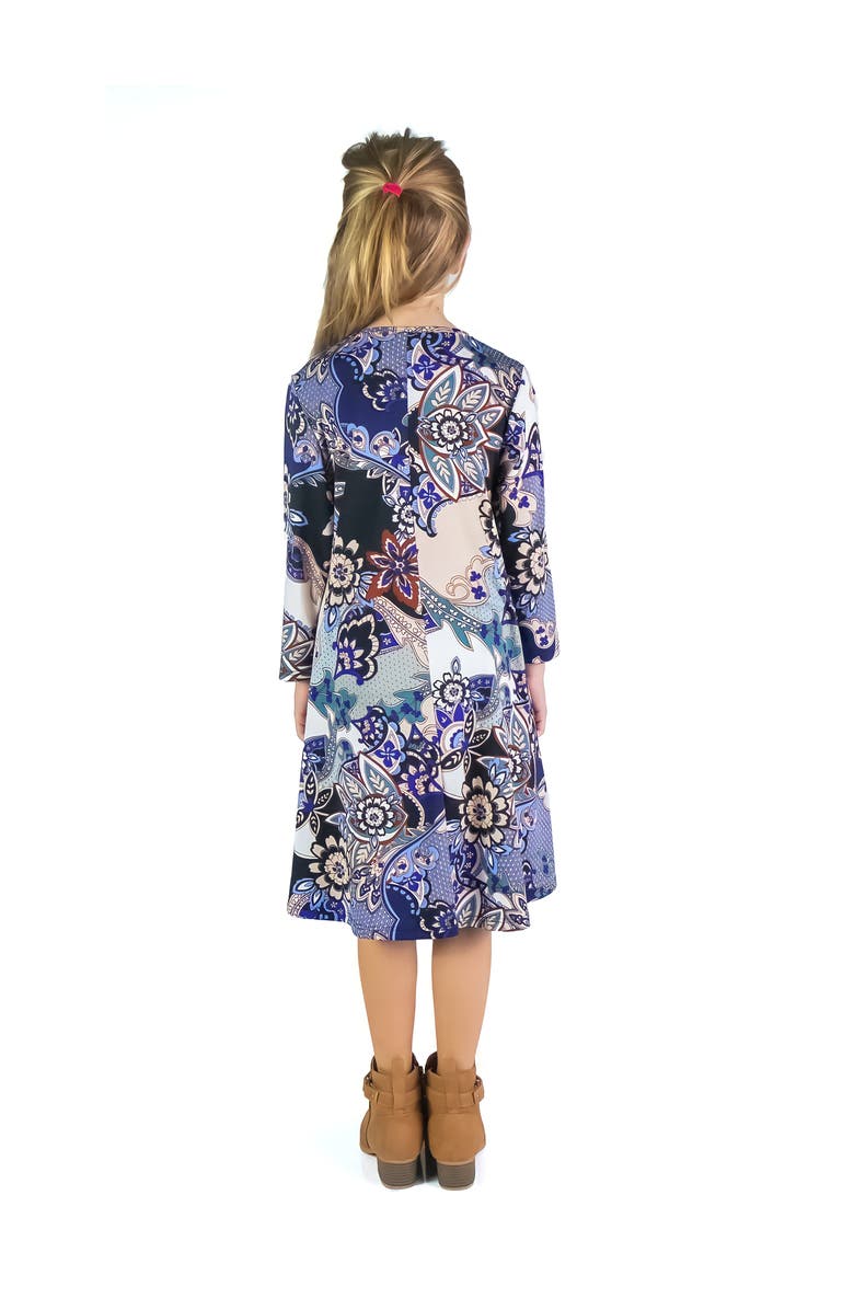 24sevenKid Blue Paisley Long Sleeve Loose Fit Knee Length Tunic Pocket Dress, Alternate, color, Blue Multi