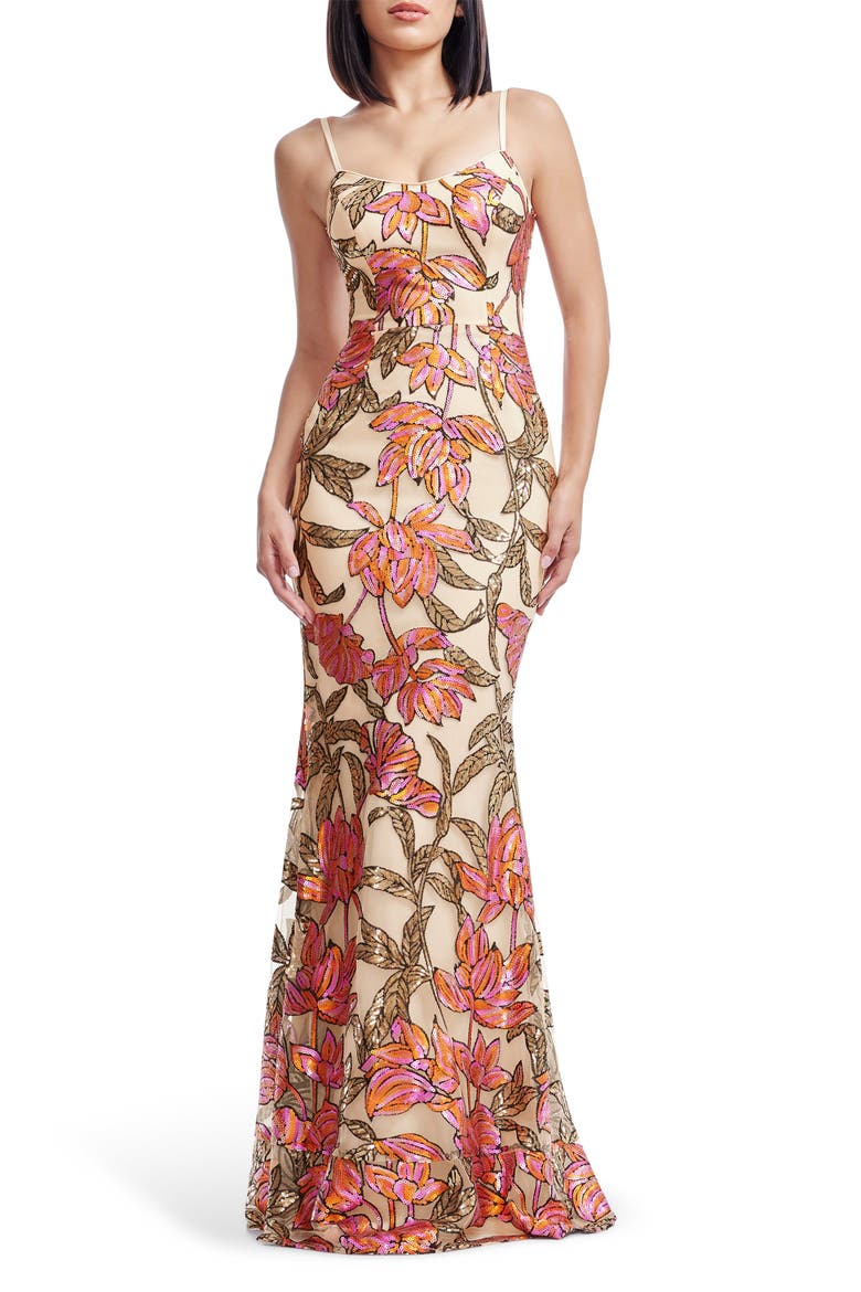 Giovanna Sequin Floral Mermaid Gown, Main, color, BEIGE MULTI