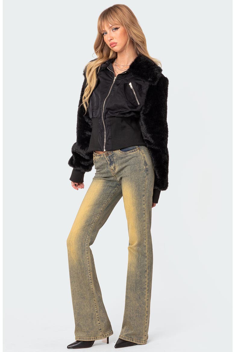 Malliora Faux Fur Trim Bomber Jacket, Alternate, color, BLACK