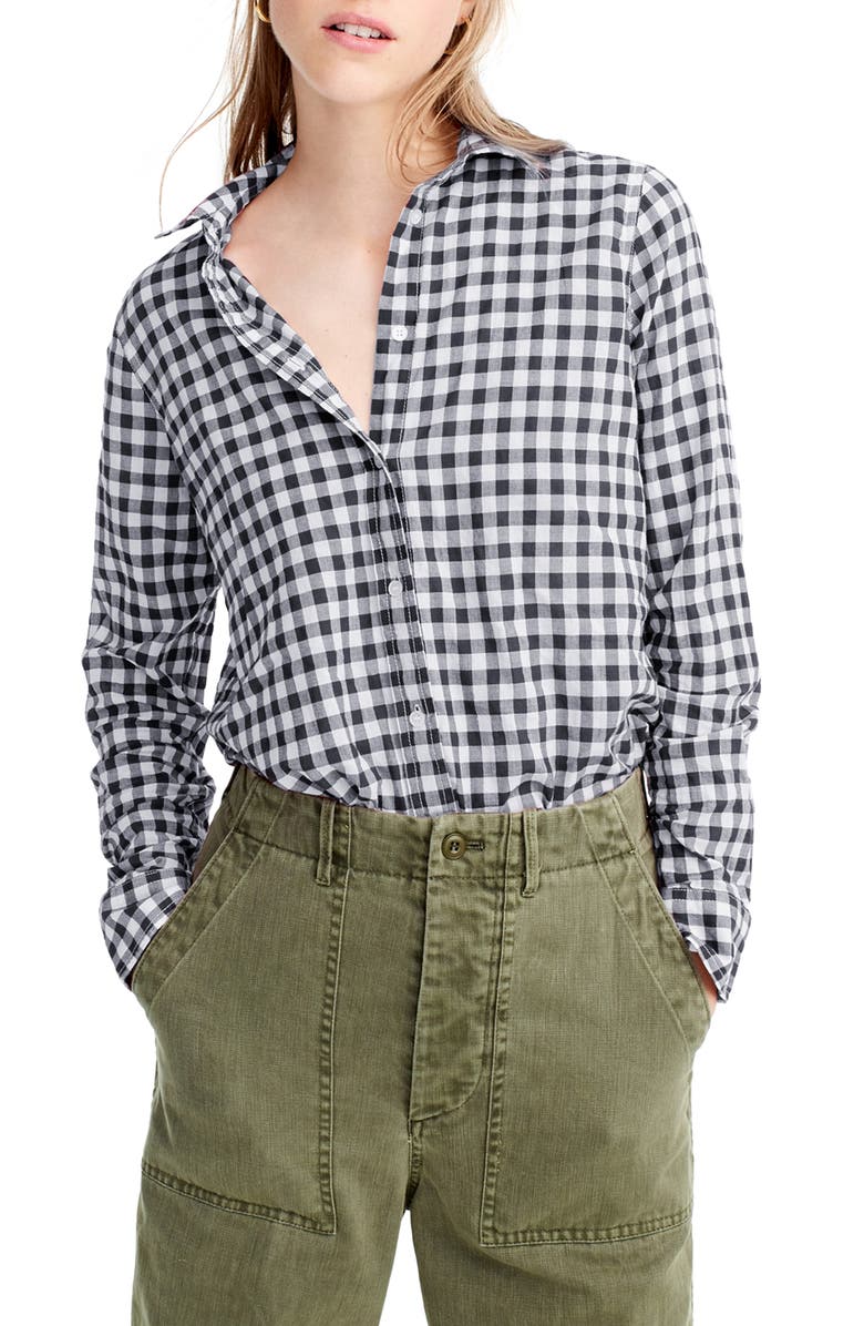 J.Crew Crinkle Gingham Boy Shirt, Main, color, 