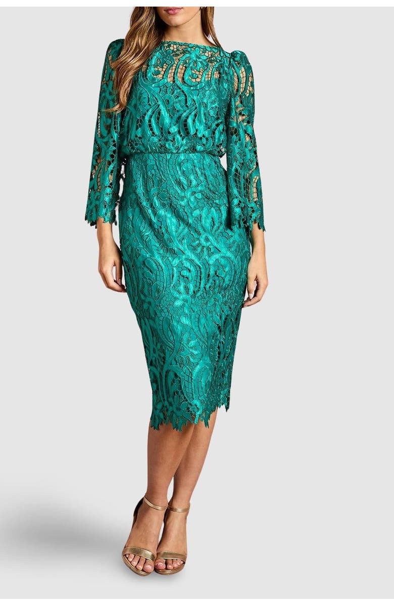 Coast Satin Lace Boat Neck Midi Dress, Alternate, color, Emerald