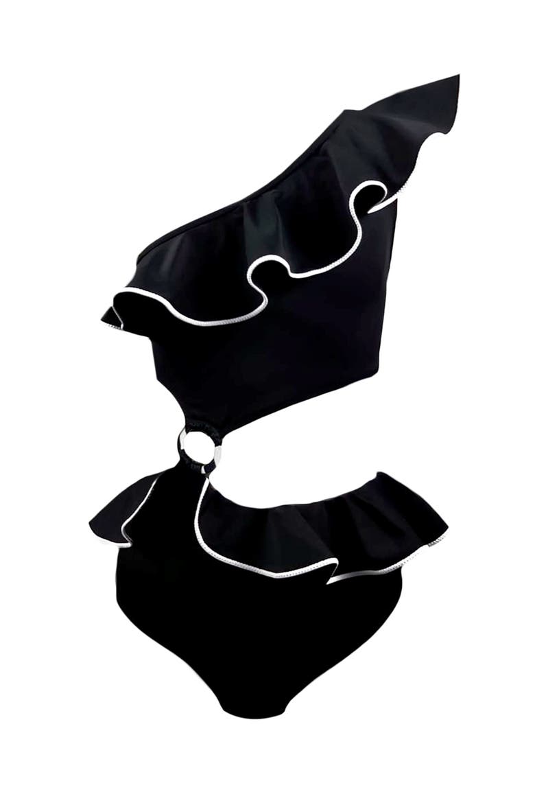 One Shoulder Cut-Out Design One Piece Swimsuit, Little Kid-Big Kid, Main, color, Black