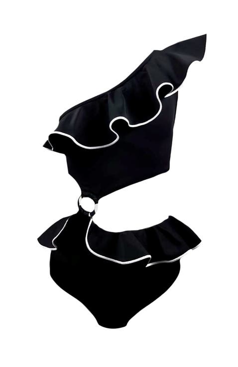 One Shoulder Cut-Out Design One Piece Swimsuit, Little Kid-Big Kid