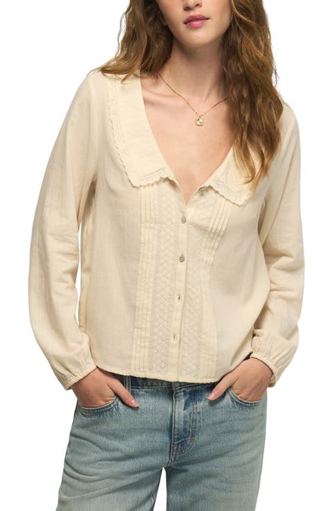 Embroidered Pintuck Collar Shirt