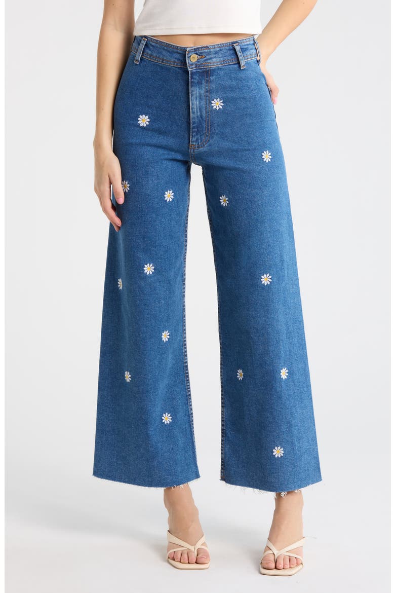 Floral Embroidered Wide Leg Jeans, Main, color, MEDIUM BLUE