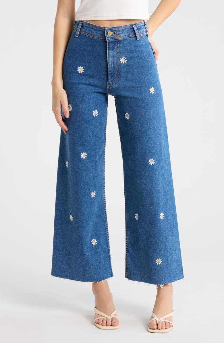 Desigual Floral Embroidered Wide Leg Jeans, Main, color, Medium Blue