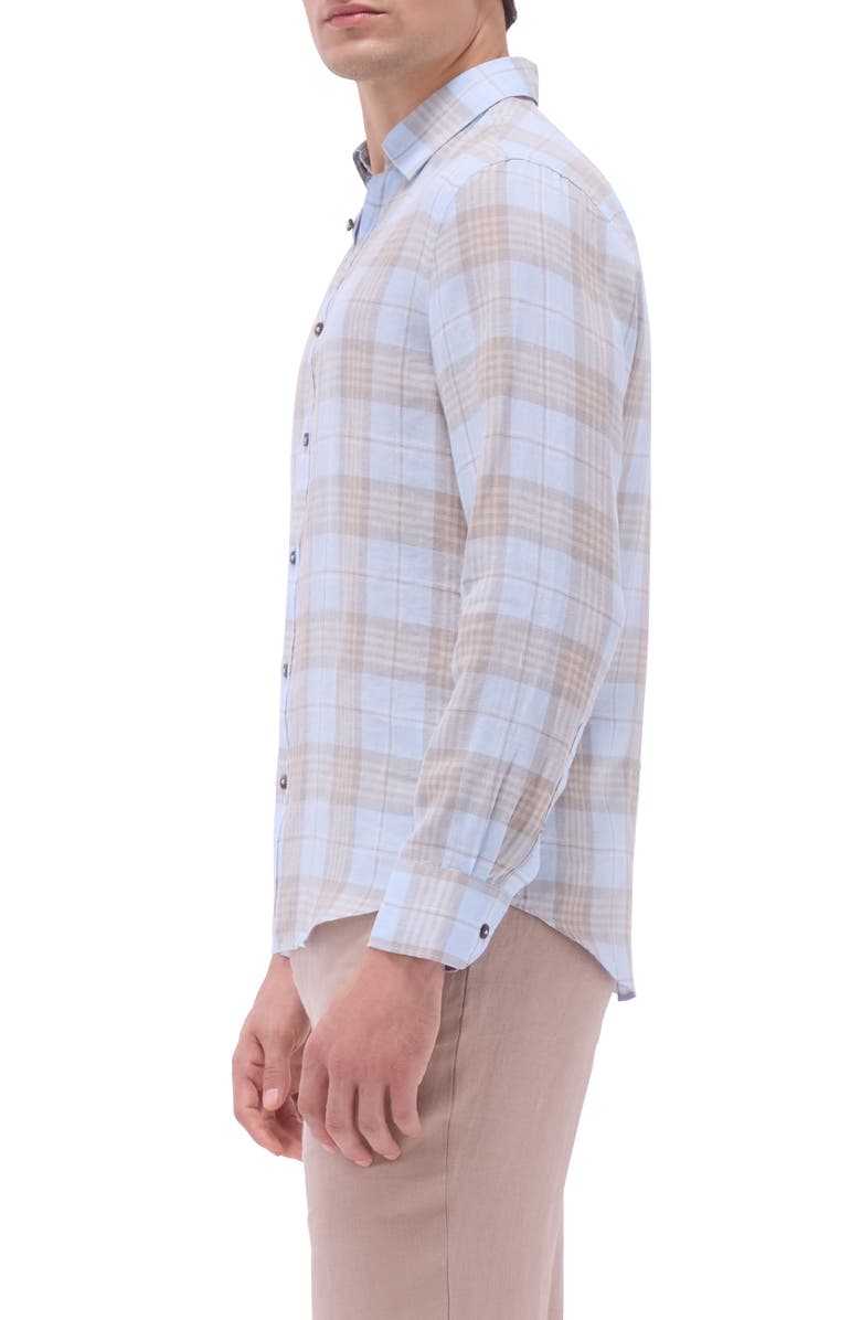 Bugatchi Julian Plaid Slub Linen Button-Up Shirt, Alternate, color, Sky