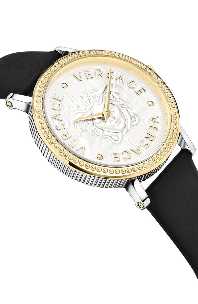 Versace V-Dollar Leather Strap Watch, 37mm, Alternate, color, Two Tone