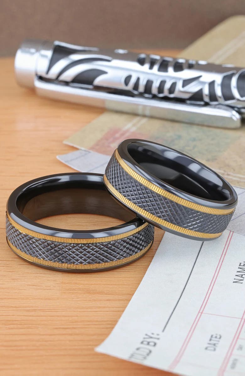 Larson Jewelers Baroque Titanium Diamond Pattern Wedding Ring, Alternate, color, Black / Gold