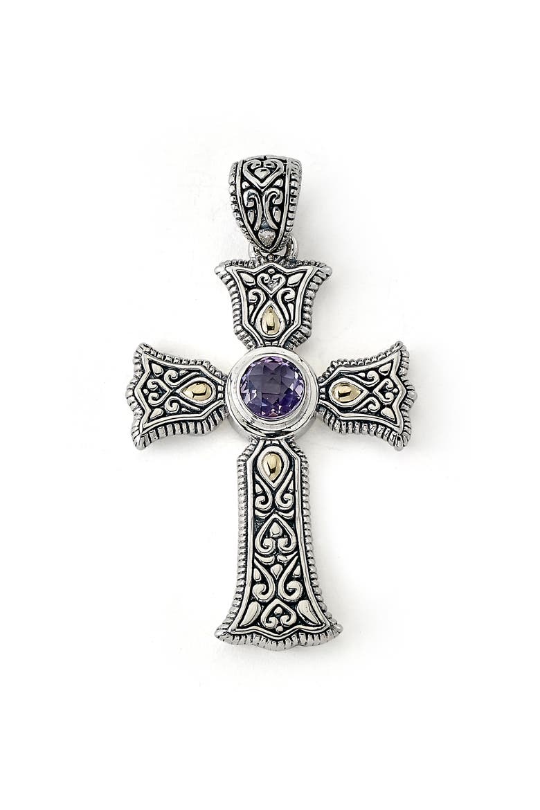 Sterling Silver & 18K Gold Semiprecious Stone Cross Pendant, Main, color, PURPLE