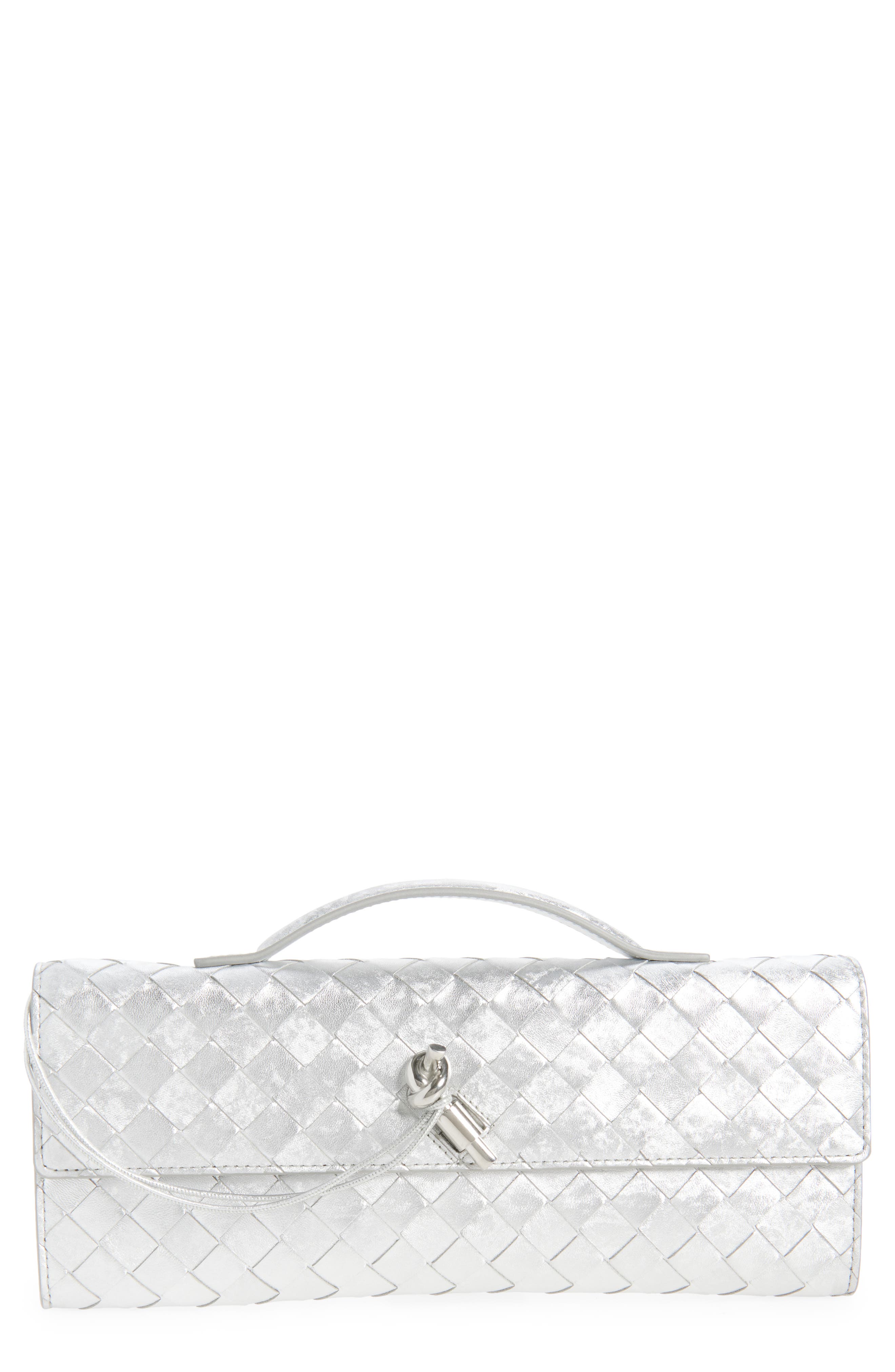 Bottega Veneta Andiamo Intrecciato Satin Clutch, Main, color, 8101 Silver / Silver