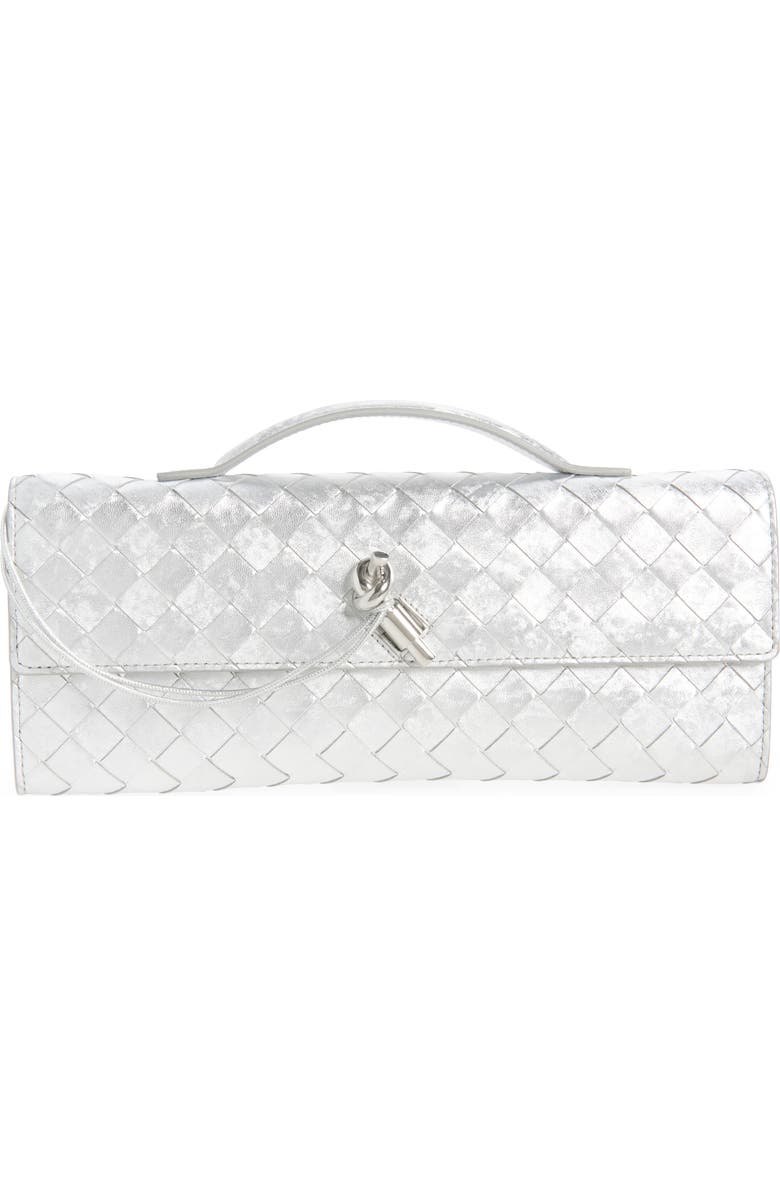 Bottega Veneta Andiamo Intrecciato Satin Clutch, Main, color, 8101 Silver / Silver