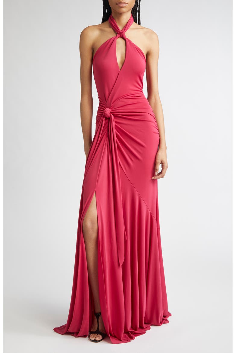Gulliame Tie Front Halter Gown, Main, color, PINK GARNET