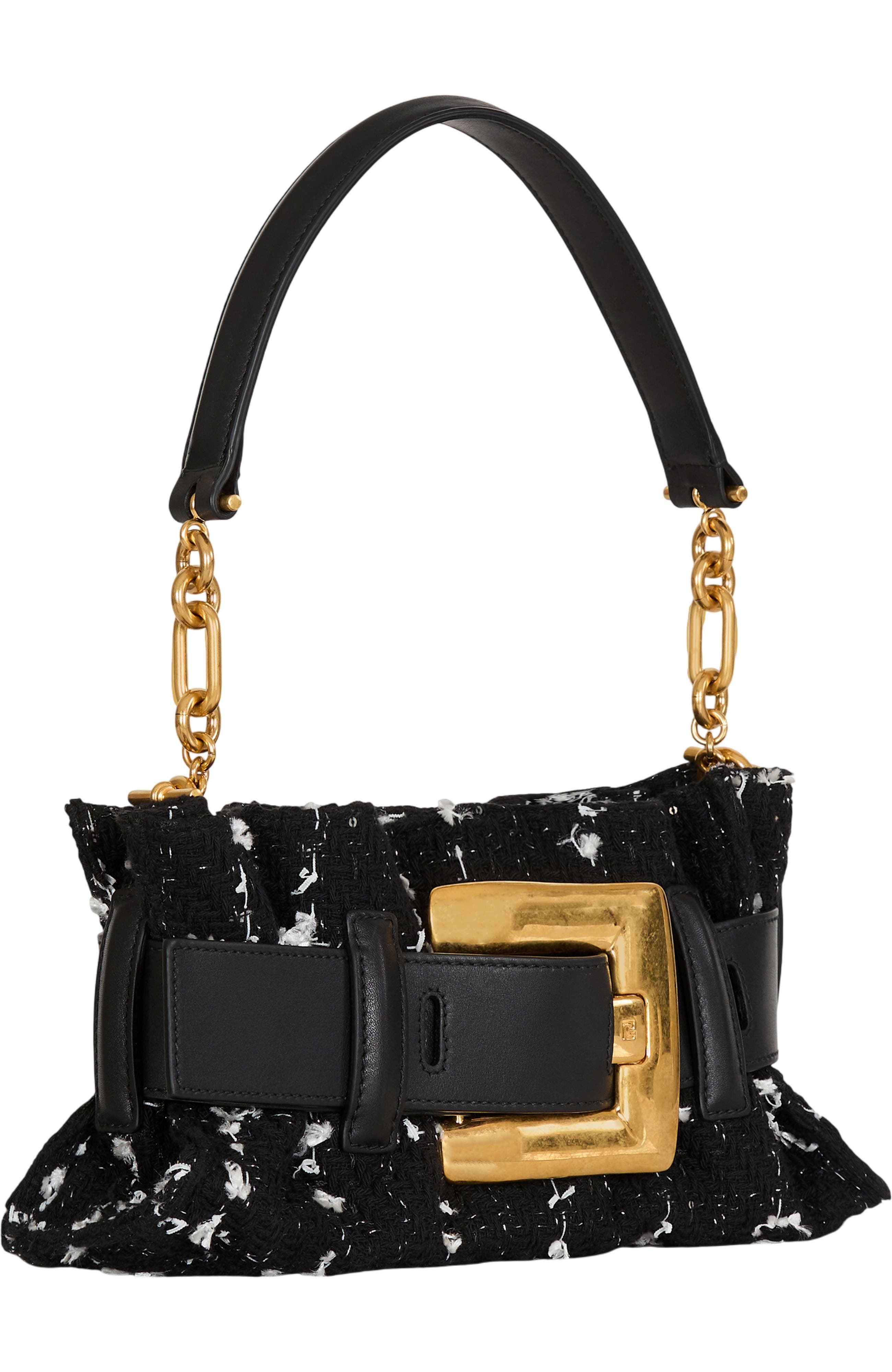 Balmain Mini Anthem bag in smooth leather and tweed, Alternate, color, Black