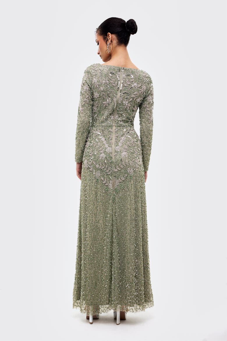 Modest Embellished Sequins Fitted Maxi Gown, Alternate, color, SAGE GREEN