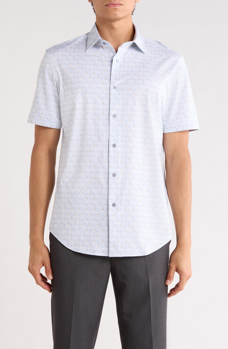 Bugatchi Abstract Print Stretch Cotton Short Sleeve Button-Up Shirt, Main, color, Air Blue