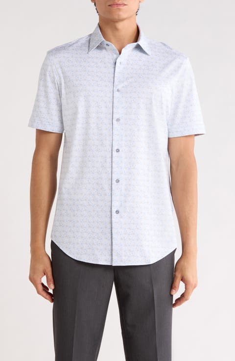 Abstract Print Stretch Cotton Short Sleeve Button-Up Shirt