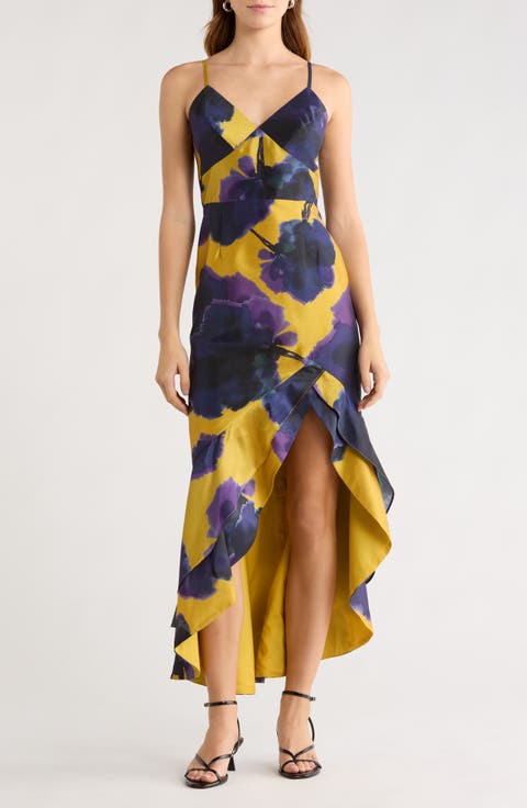 Angel Tropical Print Satin High-Low Dress