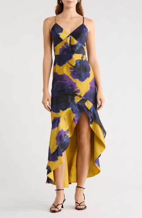 Hutch Angel Tropical Print Satin High-Low Dress