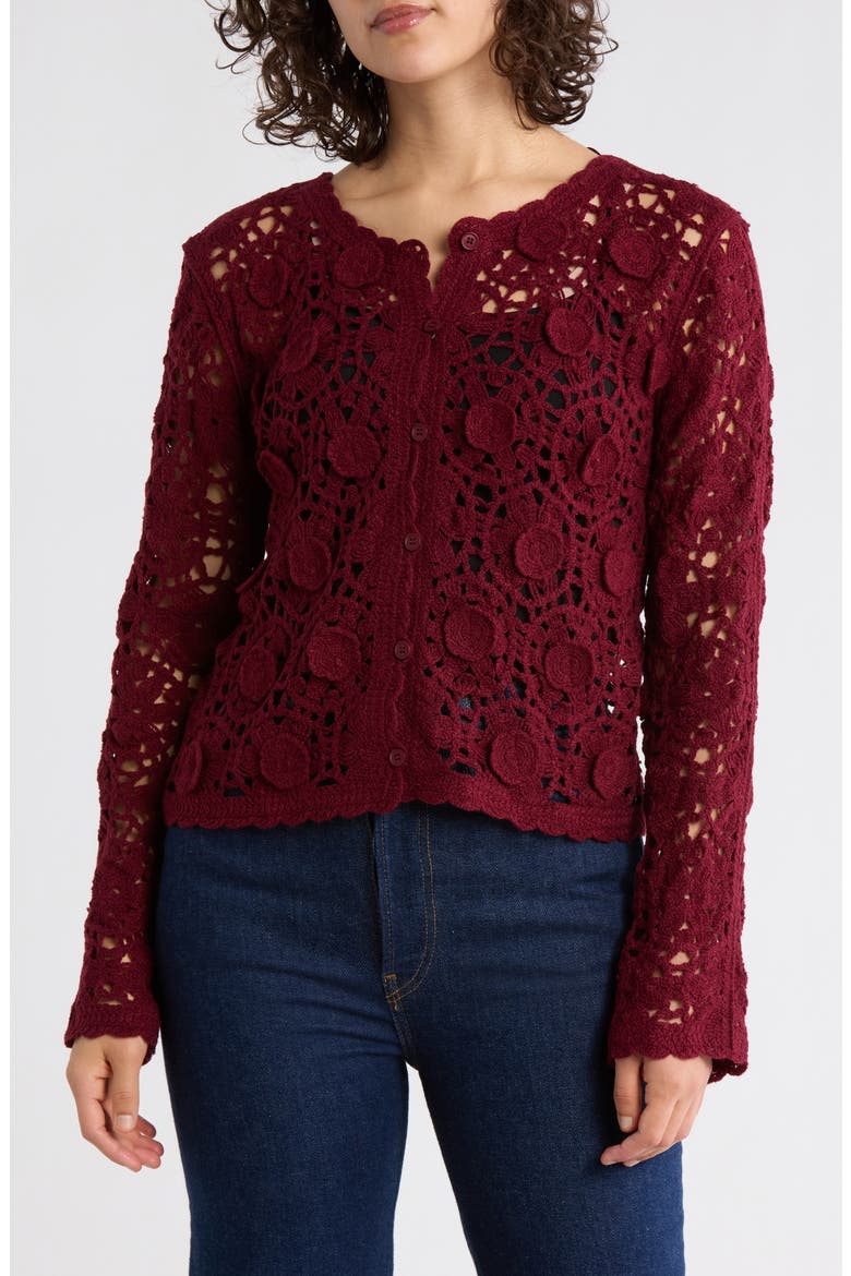 Open Stitch Button Cardigan, Main, color, BURGUNDY