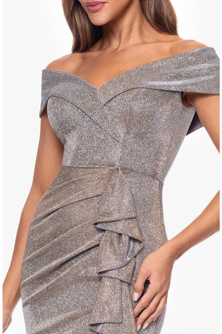 Cascade Ruffle Detail Off the Shoulder Metallic Knit Gown, Alternate, color, SAND