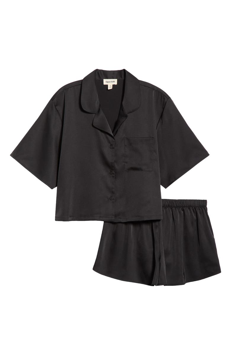 Open Edit Boxy Stretch Satin Short Pajamas, Alternate, color, Black