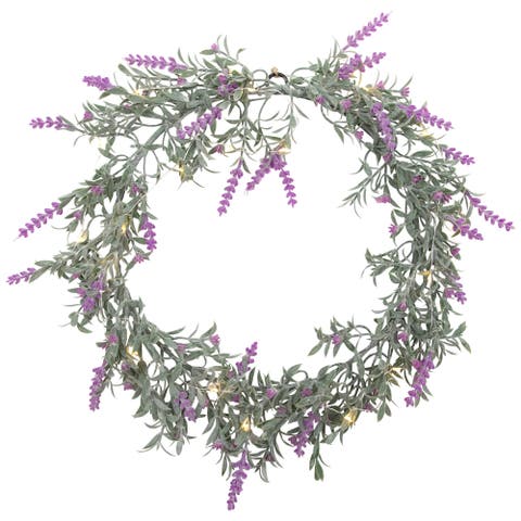 Pre-Lit Battery Operated Pink Lavender Spring Wreath- 16" - White LED Lights