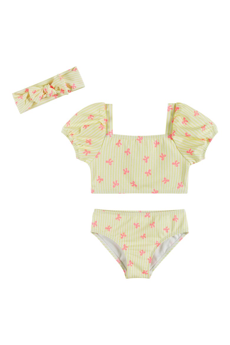 Kids' Puff Sleeve Two-Piece Swimsuit & Headband Set, Main, color, YELLOW STRIPE